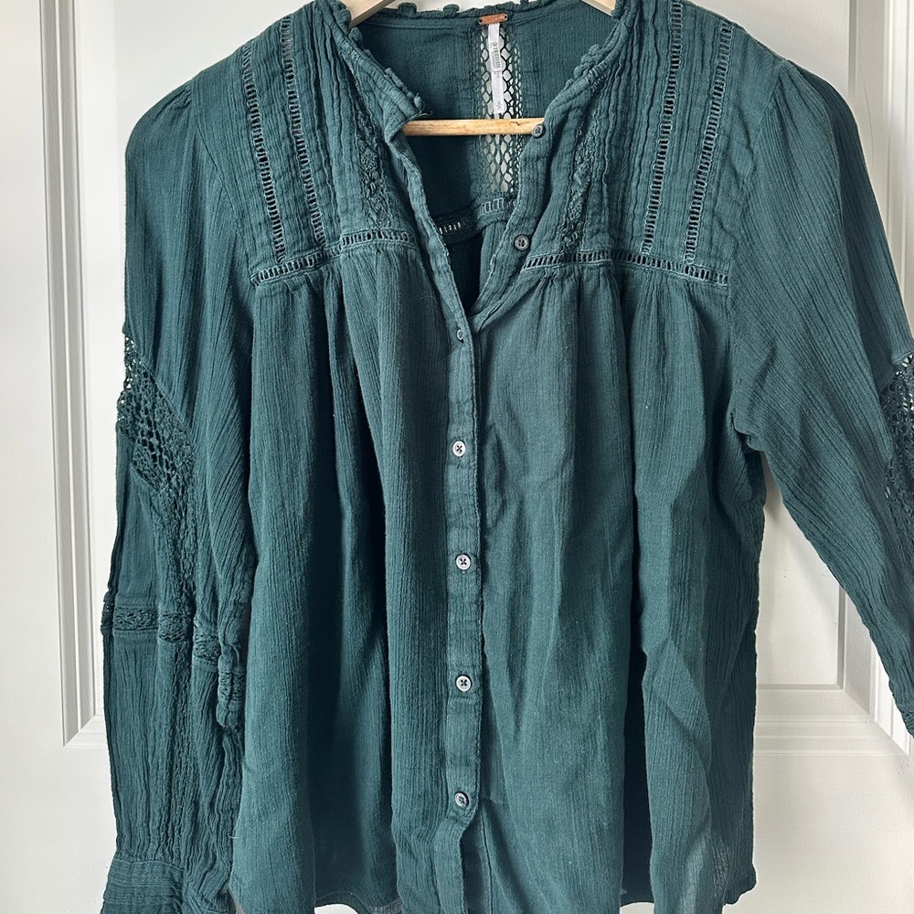 Free People Teal Green Lace-Trim Button Front Peasant Blouse
